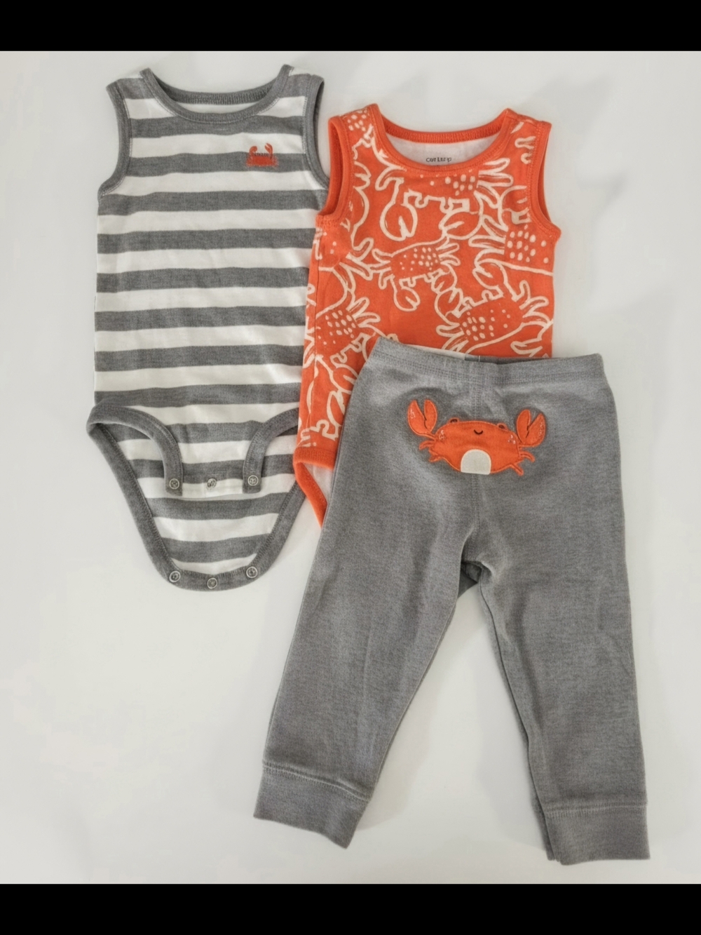 Carter's Red Orange Crab & Gray Striped Baby Bodysuit Set 12 Months